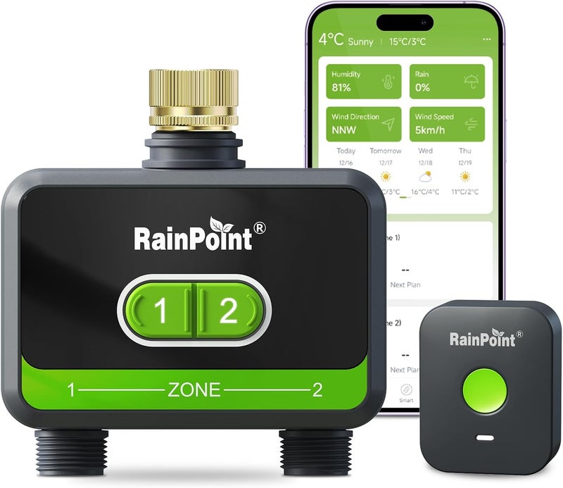 RAINPOINT WiFi Water Timer for Garden Hose with Brass Inlet, 2-Zone Smart Hose Timer, WiFi Irrigation Controller, Automatic Sprinkler Watering System for Lawns and Yard - Image 1